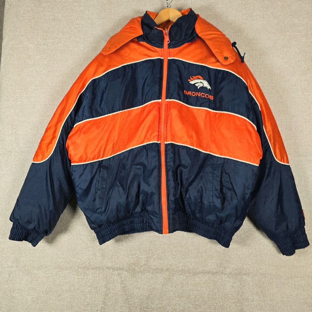 Vintage 90s Denver Broncos Pro Player Puffer Jacket XXL Navy Orange Embroidered